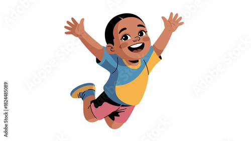 A happy cartoon boy jumping with joy in the air.