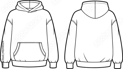 Cad drawing flat vector illustration, hoodie front and back view, fashion sketch, garment template, crossover neckline sweatshirt design