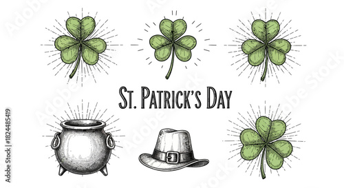 Hand-drawn St. Patrick's Day elements including shamrocks, a pot of gold, and a leprechaun hat on a white background.