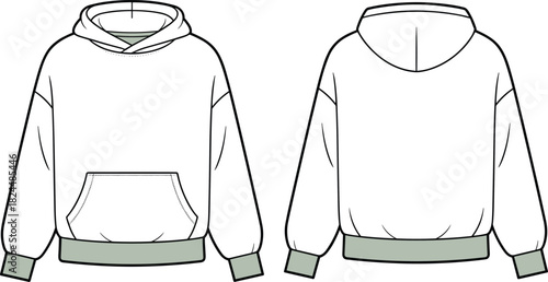 Cad drawing flat vector illustration, hoodie front and back view, fashion sketch, garment template, sweatshirt design, contrast rib outline