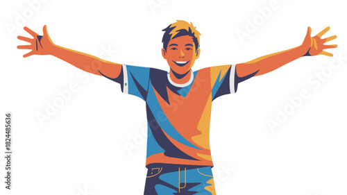 Happy man with open arms embraces the world with joy and freedom.