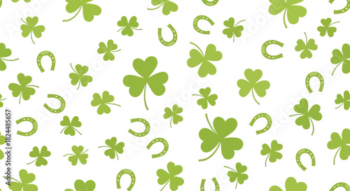 A seamless pattern of green shamrocks and horseshoes scattered on a white background, evoking a festive and lucky Irish theme.
