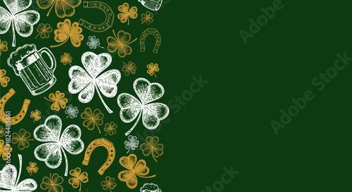 A festive green background with hand-drawn white and gold shamrocks, four-leaf clovers, horseshoes, and a beer mug, perfect for St. Patrick's Day celebrations.