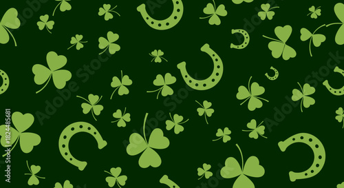 Seamless pattern of green shamrocks and horseshoes on a dark green background, evoking a festive St. Patrick's Day theme.
