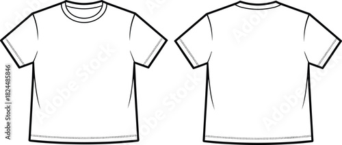 Cad drawing flat vector illustration, plain t-shirt front and back view, fashion sketch, garment template, apparel design outline