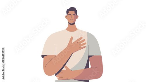 A Man Expressing Gratitude and Hope with Hand on Chest.