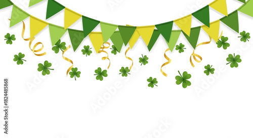 St. Patrick's Day festive border with green and yellow flags, shamrocks, and golden ribbons on a white background.
