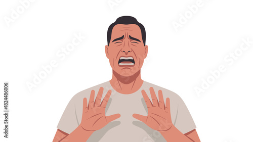 Illustration of a man expressing fear with raised hands and closed eyes.