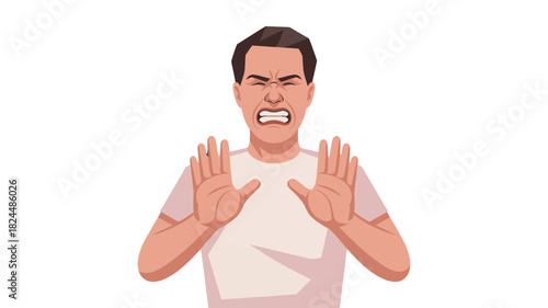 A man showing stop gesture expressing negative emotion.