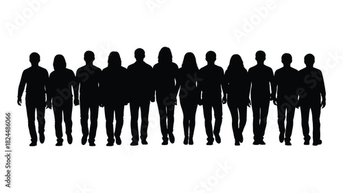 Diverse group of walking silhouettes isolated on white background, Vector