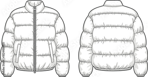 Cad drawing flat vector illustration, technical fashion sketch, puffer jacket front and back view, quilted coat design template