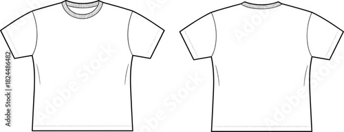 Cad drawing flat vector illustration, technical fashion sketch, short sleeve t-shirt front and back, apparel design template, garment blueprint