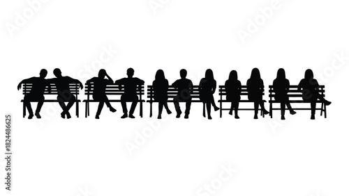 Silhouettes of people sitting on benches isolated on white background, Vector