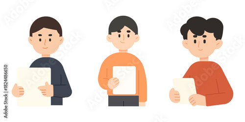 Set of flat cartoon illustration of office worker working on laptop computer. Co-working and working space concept