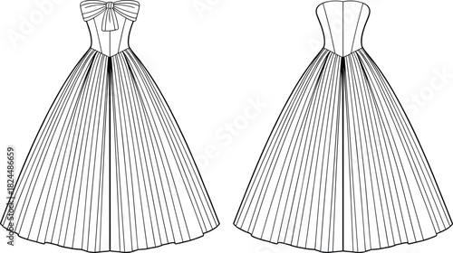 CAD drawing flat vector illustration, technical gown sketch, strapless dress design, fashion blueprint, garment construction, bow detail template