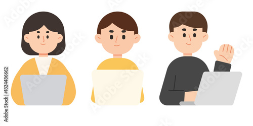 Set of flat cartoon illustration of office worker working on laptop computer. Co-working and working space concept