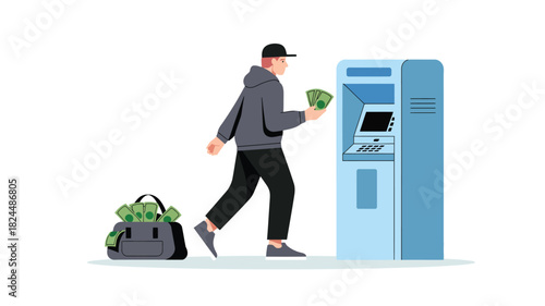 illustration of person holding cash near atm with duffel bag full of money suggesting banking or suspicious activity