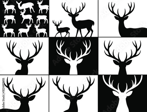 Deer Silhouette Collection with Antler Designs, deer silhouette set