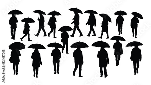 Silhouettes of people with umbrellas isolated on white background, Vector
