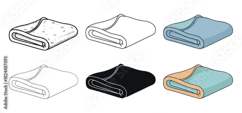 Folded blanket illustration set in various styles including hand-drawn sketch, simple line art, solid silhouette, and colorful cartoon versions for graphic design elements