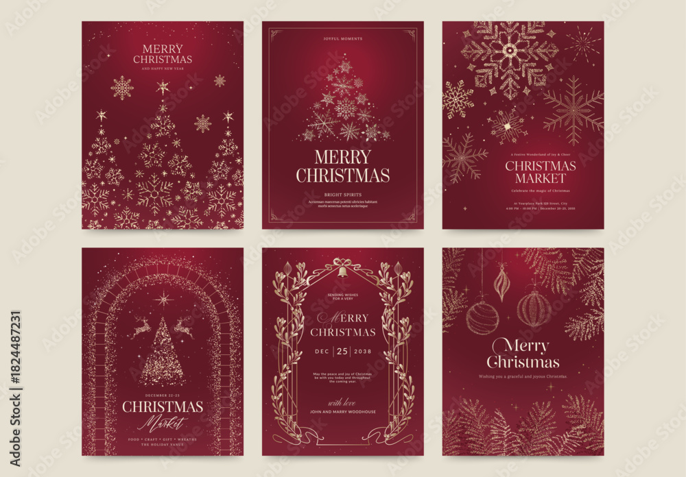 Naklejka premium Christmas Poster Template Set in Festive Red & Gold for Invitation, Flier, Greetings Card & Invite Layouts
