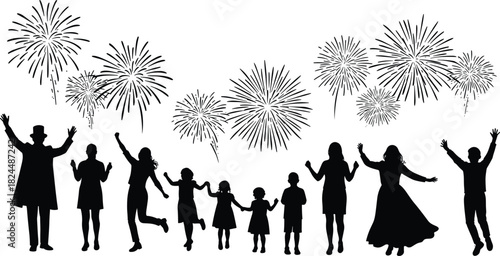 Silhouette of family and children celebrating under colorful fireworks, festive night celebration scene, happy people enjoying joyful holiday moment together.