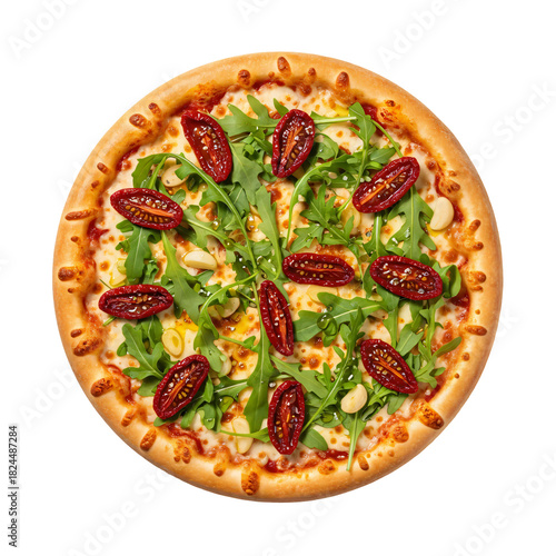 Beautiful pizza with tomato sauce, mozzarella cheese, sun-dried tomatoes and arugula placed on a transparent background.