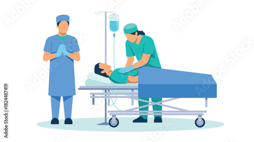 illustration of emergency medical team performing cpr on patient in hospital bed with iv drip and surgical attire