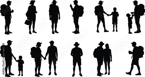 Silhouette of family travelers walking together, holding hands, hiking with backpacks, exploring nature, outdoor vacation, travel lifestyle concept.Silhouette of family travelers walking 