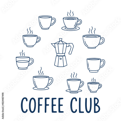 Dark blue line art coffee cups and moka pot arranged in a circle above text steam