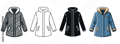 Winter parka jacket vector icon set with four different design styles including a hand-drawn sketch, a clean line art outline, a solid black glyph, and a colored cartoon