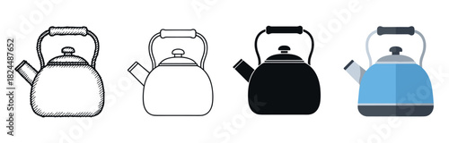 Set of four kitchen kettles illustrated in various artistic styles including a hand-drawn sketch, simple line art, a solid black silhouette, and a modern flat design icon