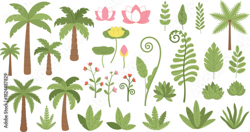 Large Vector Set of Tropical and Botanical Plants, Featuring Palm Trees, Water Lilies, Lotus Flowers, Ferns, Shrubs, and Various Green Leaves, Ideal for Nature and Exotic Design