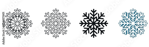 Set of four snowflake icons in different graphic styles including a simple outline, a solid black silhouette, and a blue version with a three-dimensional effect for winter design