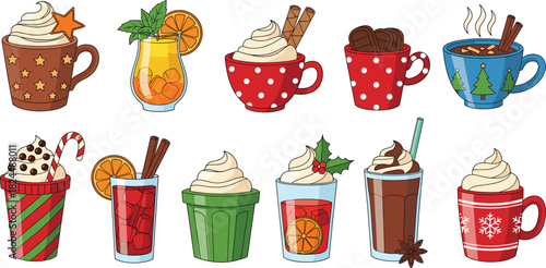 Vector Illustration Set of Festive Hot Holiday Drinks, Including Cocoa, Mulled Wine, Eggnog, and Coffee Mugs Decorated with Whipped Cream, Cinnamon, Orange Slices, and Christmas Motifs
