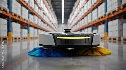Autonomous floor cleaning robot sweeps warehouse floor, ensuring cleanliness, efficiency