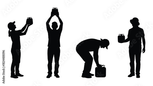 People with gifts silhouettes isolated on white background, Vector