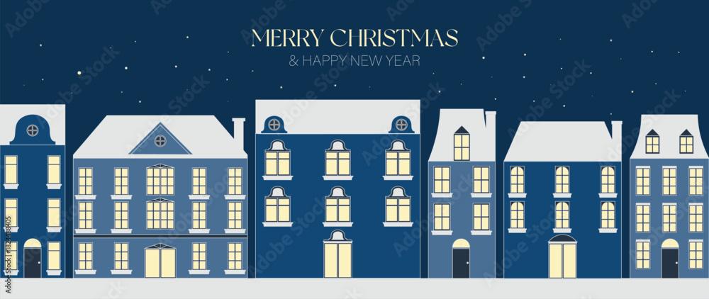 Obraz premium Christmas vector cityscape with winter night sky and cozy European houses in blue cream tones — festive holiday scene for greeting cards and New Year celebration
