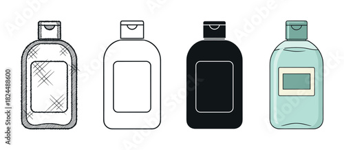 Set of cosmetic product bottles illustrated in four different styles including hand-drawn sketch, simple line art, black silhouette, and a flat color cartoon design