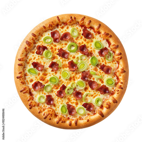 Beautiful mozzarella pizza with bacon, leeks, and cream centered against a transparent background.