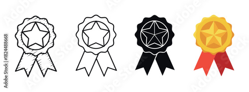 Set of four award medals with stars and ribbons, showcasing different graphic styles including hand-drawn sketch, line art, solid silhouette, and full color flat vector illustration
