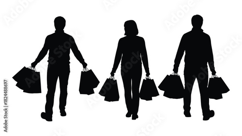 People carrying shopping bags silhouettes isolated on white background, Vector