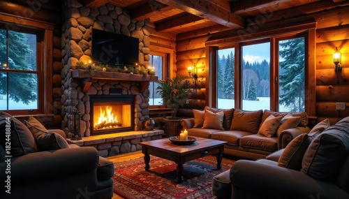 A cozy fireplace casts a warm glow on a rustic living room, illuminating wooden beams and comfortable furniture Perfect for winter, home, comfort, and relaxation themes , cozy, glow, comfort