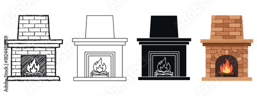 Set of four fireplace vector icons presented in various design styles, including a hand-drawn sketch, a clean outline, a black silhouette, and a flat color illustration
