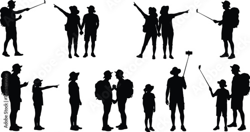 Silhouette of family travelers with backpacks taking selfies, exploring nature, pointing directions, outdoor adventure, tourism, and travel lifestyle concept.