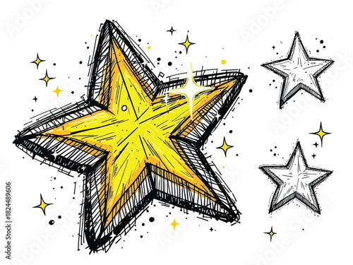 Hand-drawn yellow star illustration in a sketchy, doodle style with sparkles and smaller stars on a white background.