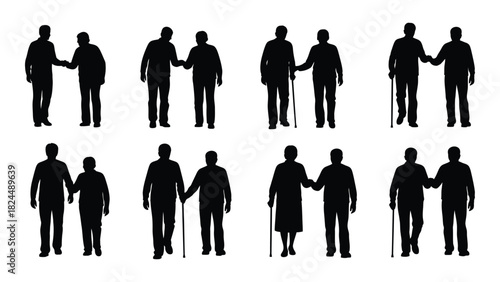 Elderly people silhouettes with support and companionship isolated on white background, Vector