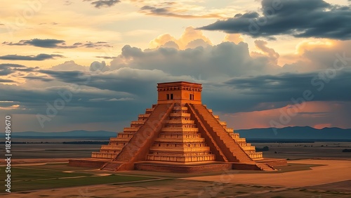 ziggurat. Ancient ziggurat tower rising from plains against a dramatic sky during the golden hour. real-estate listings.
