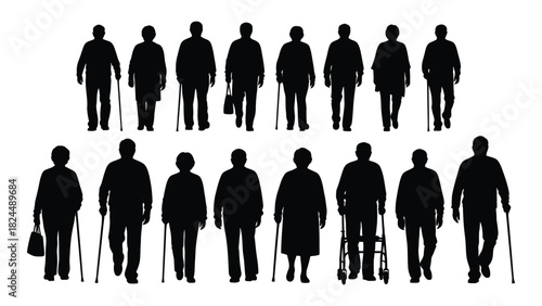 Silhouettes of elderly people walking isolated on white background, Vector