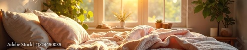 A cozy, sun-drenched room with soft blankets, plush pillows, and a warm inviting atmosphere, perfect for relaxation and self-care , blanket, cozy